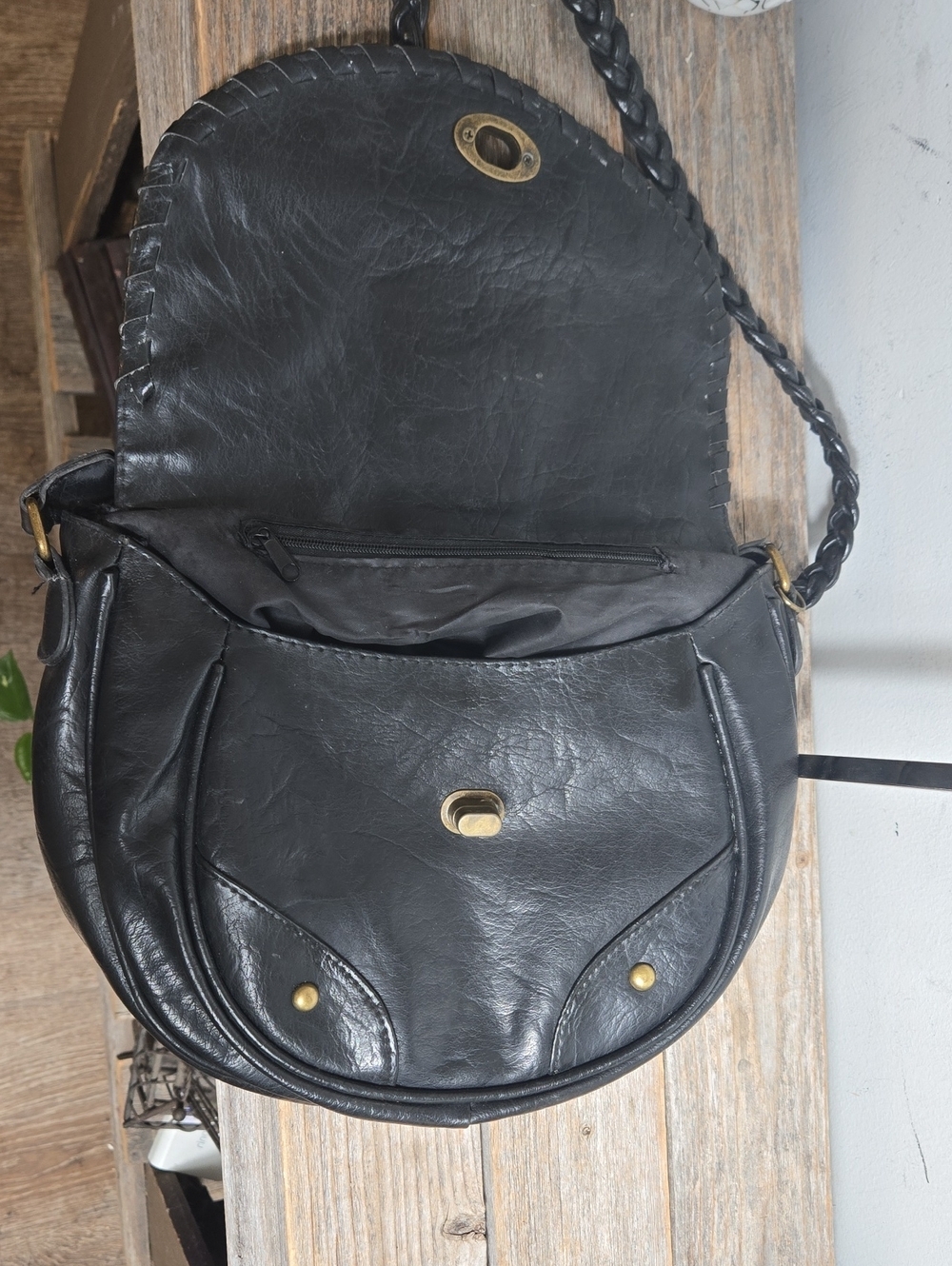 Black Studded Leather Saddle Braided Crossbody Bag - Picture 8 of 10